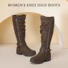 imageWomens Knee High Boots  Stylish and Comfortable Round Toe Tall Riding Combat Boots with Side Zipper Closure for Fall and Winter Wear For WomenBrown Pu 005