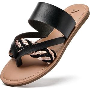 imageWomens Flat Slides Sandals Round Open Toe Slip On Strapy Flip Flop Thong Summer Beach Shoes for Women LR23018 Black Size9