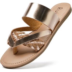 imageWomens Flat Slides Sandals Round Open Toe Slip On Strapy Flip Flop Thong Summer Beach Shoes for WomenLR23018GoldenSize10