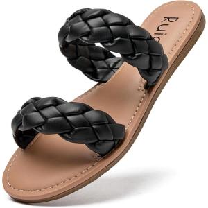 imageWomens Flat Slides Sandals Summer Slippers Comfortable Braided Strap Round Open Toe Casual Beach Shoes for WomenBlack 002