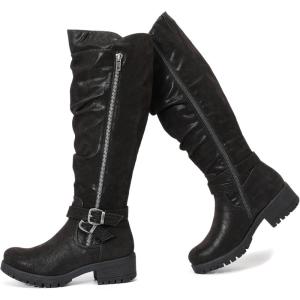 imageWomens Knee High Boots  Stylish and Comfortable Round Toe Tall Riding Combat Boots with Side Zipper Closure for Fall and Winter Wear For WomenBlack Pu 005