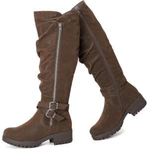 imageWomens Knee High Boots  Stylish and Comfortable Round Toe Tall Riding Combat Boots with Side Zipper Closure for Fall and Winter Wear For WomenBrown Pu 005