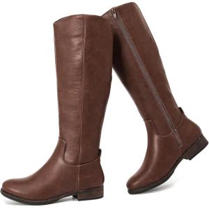 imageWomens Knee High Boots  Stylish and Comfortable Round Toe Tall Riding Combat Boots with Side Zipper Closure for Fall and Winter Wear for WomenBrown Pu 909