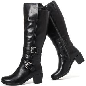 imageWomens Knee High Boots with Chunky Heel Pointed Toe Comfortable and Fashionable for Fall and Winter Wear for WomenBlack Lpu 303