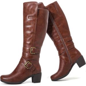 imageWomens Knee High Boots with Chunky Heel Pointed Toe Comfortable and Fashionable for Fall and Winter Wear for WomenBrown Lpu 303