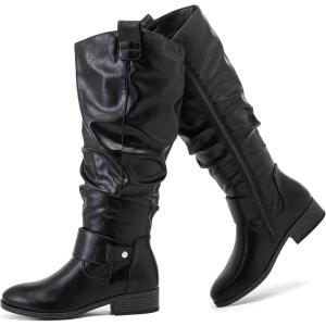 imageWomens Slouchy Knee High Boots Comfortable and Fashionable Round Toe Riding Combat Boots for Fall and Winter Wear for WomenBlack Pu 124