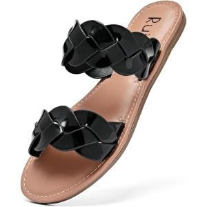 imageWomens Flat Slides SandalsComfortable Casual Summer Beach Shoes Round Open Toe Braided Strap Slippers for WomenBlack 081