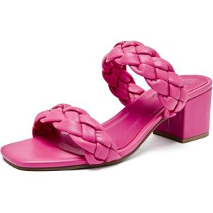imageWomens Heels Chunky Heeled Bradied Sandals Summer Porm Square Block Slip on Sandal Comfortable Casual Beach Dressy Shoes Stylish Open Toe Slippers for LadiesPink 085