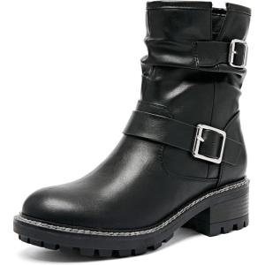 imageWomens Ankle Boots Casual Fashion Ladies Riding Combat Booties Comfortable Low Flat Heel Round Closed Toe for Winter Fall WomenBlack Pu 963