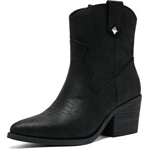 imageWomens Ankle Cowboy Boots Western Cowgirl BootiesClassic Casual Comfortable Chunky Heeled Shoes Low Mid Heel Calf Short Boots for WomenBlack Bmf 976