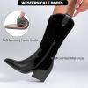 imageWomens Cowboy Boots Western Mid Calf Cowgirl Chunky Heeled Booties Pointed Toe Comfort Casual Fashion Calf High Short Boots for WomenBlack Mf 977