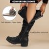 imageWomens Slouchy Knee High Boots Low Heel Comfort Round Toe Tall Calf Flat Riding Combat Boots for WomenBlack Pu 005