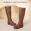 imageWomens Slouchy Knee High Boots Low Heel Comfort Round Toe Tall Calf Flat Riding Combat Boots for WomenTan Pu 005