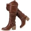 imageWomens Heeled Knee High Boots Chunky Block Heel Casual Slouchy Boot Comfortable Round Toe Fall Winter Fashion Long Boots for WomenBrown Pu 266