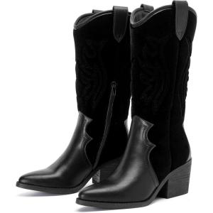 imageWomens Cowboy Boots Western Mid Calf Cowgirl Chunky Heeled Booties Pointed Toe Comfort Casual Fashion Calf High Short Boots for WomenBlack Mf 977