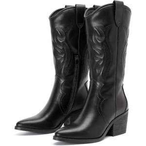 imageWomens Cowboy Boots Western Mid Calf Cowgirl Chunky Heeled Booties Pointed Toe Comfort Casual Fashion Calf High Short Boots for WomenBlack Pu 977
