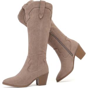 imageWomens Cowboy Knee High Boots Fashion Chunky Heel Comfortable Casual Western Long Boot Winter Fall Dressy Boot for LadiesBeige Mf 971