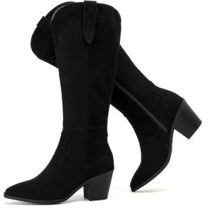 imageWomens Cowboy Knee High Boots Fashion Chunky Heel Comfortable Casual Western Long Boot Winter Fall Dressy Boot for LadiesBlack Mf 971
