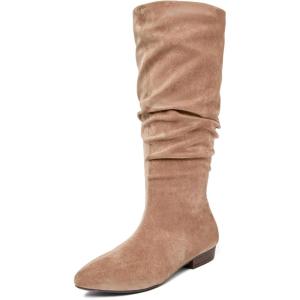 imageWomens Extra Wide Calf Knee High Boots True Wide Width Long Slouchy Ladies Boots Flat Low Heel Casual Combat Tall Boots for WomenBeige Mf 368