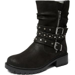 imageWomens Extra Wide Width Ankle Boots True Plus Size Wide Foot Low Heeled Slouchy Booties Comfort Riding Combat Rivet Short Boots for WomenBlack Pu 372