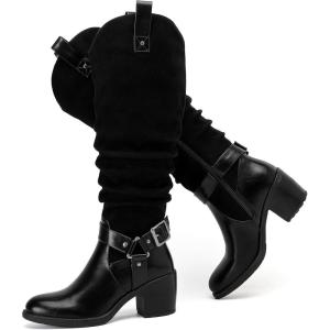 imageWomens Heeled Knee High Boots Chunky Block Heel Casual Slouchy Boot Comfortable Round Toe Fall Winter Fashion Long Boots for WomenBlack Mf 266