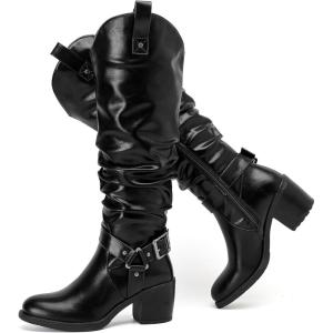 imageWomens Heeled Knee High Boots Chunky Block Heel Casual Slouchy Boot Comfortable Round Toe Fall Winter Fashion Long Boots for WomenBlack Pu 266