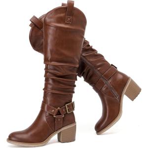 imageWomens Heeled Knee High Boots Chunky Block Heel Casual Slouchy Boot Comfortable Round Toe Fall Winter Fashion Long Boots for WomenBrown Pu 266