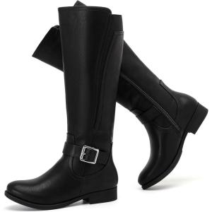imageWomens Knee High Boots  Comfortable Wide Calf Side Zipper Riding Shoes Round Toe Buckle Casual Winter Boots for WomenBlack Pu 281