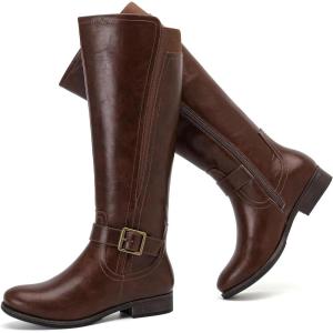 imageWomens Knee High Boots  Comfortable Wide Calf Side Zipper Riding Shoes Round Toe Buckle Casual Winter Boots for WomenBrown Pu 281