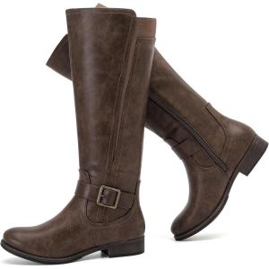 imageWomens Knee High Boots  Comfortable Wide Calf Side Zipper Riding Shoes Round Toe Buckle Casual Winter Boots for WomenTan Pu 281