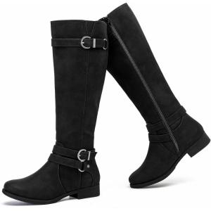 imageWomens Knee High Boots Classic Comfort Riding Combat Boot Round Toe Side Zipper Long Tall Fall Winter Boots for WomenBlack Pu 305