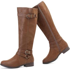 imageWomens Knee High Boots Classic Comfort Riding Combat Boot Round Toe Side Zipper Long Tall Fall Winter Boots for WomenTan Pu 305