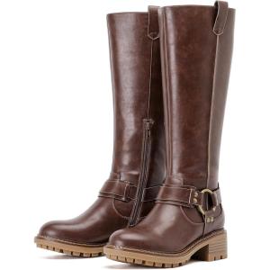 imageWomens Knee High Boots Comfort Casual Flat Riding Combat Long Boots Low Heeled Winter Fall Fashion Dressy Tall Boots for WomenBrown Pu 972