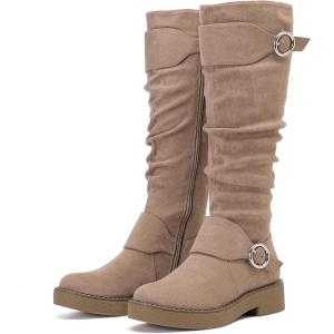 imageWomens Slouchy Knee High Boots  Comfortable Platform Flat Tall Boot Stylish Round Toe Side Zipper Winter Casual Boots for WomenBeige Mf 261