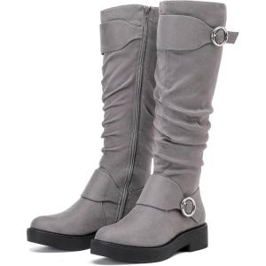 imageWomens Slouchy Knee High Boots  Comfortable Platform Flat Tall Boot Stylish Round Toe Side Zipper Winter Casual Boots for WomenGrey Mf 261