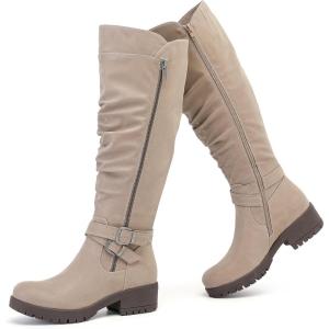 imageWomens Slouchy Knee High Boots Low Heel Comfort Round Toe Tall Calf Flat Riding Combat Boots for WomenBeige Pu 005