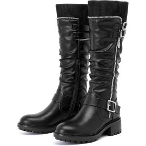 imageWomens Slouchy Knee High Boots Low Heel Comfort Round Toe Tall Calf Flat Riding Combat Boots for WomenBlack Lpu 964 New