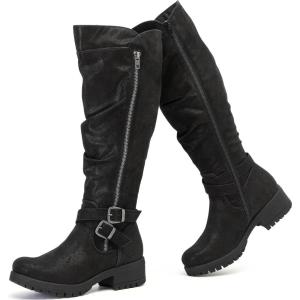 imageWomens Slouchy Knee High Boots Low Heel Comfort Round Toe Tall Calf Flat Riding Combat Boots for WomenBlack Pu 005