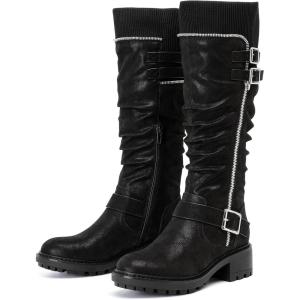 imageWomens Slouchy Knee High Boots Low Heel Comfort Round Toe Tall Calf Flat Riding Combat Boots for WomenBlack Zpu 964 New