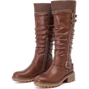 imageWomens Slouchy Knee High Boots Low Heel Comfort Round Toe Tall Calf Flat Riding Combat Boots for WomenBrown Lpu 964 New