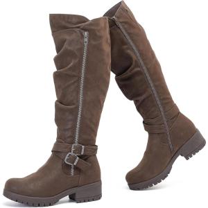 imageWomens Slouchy Knee High Boots Low Heel Comfort Round Toe Tall Calf Flat Riding Combat Boots for WomenBrown Pu 005