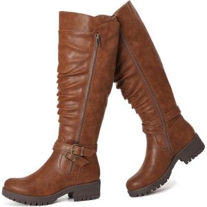 imageWomens Slouchy Knee High Boots Low Heel Comfort Round Toe Tall Calf Flat Riding Combat Boots for WomenTan Pu 005
