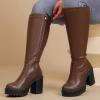 imageWomens Extra Wide Calf Knee High Boots True Wide Width Platform Chunky Heeled Gogo Boots Rounded Toe Block Heel Tall Boot for WomenBrown Pu 369