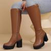 imageWomens Extra Wide Calf Knee High Boots True Wide Width Platform Chunky Heeled Gogo Boots Rounded Toe Block Heel Tall Boot for WomenTaupe Pu 369