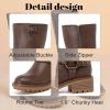 imageWomens Mid Calf Boots Flat Casual Round Toe Booties Fashion Buckle Dressy Fall and Winter Low Heeled Boots for WomenBrown Mf 973