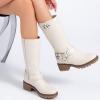 imageWomens Mid Calf Boots Flat Casual Round Toe Booties Fashion Buckle Dressy Fall and Winter Low Heeled Boots for WomenWhite Mf 973