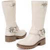 imageWomens Mid Calf Boots Flat Casual Round Toe Booties Fashion Buckle Dressy Fall and Winter Low Heeled Boots for WomenWhite Mf 973