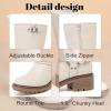 imageWomens Mid Calf Boots Flat Casual Round Toe Booties Fashion Buckle Dressy Fall and Winter Low Heeled Boots for WomenWhite Mf 973