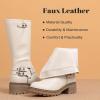 imageWomens Mid Calf Boots Flat Casual Round Toe Booties Fashion Buckle Dressy Fall and Winter Low Heeled Boots for WomenWhite Mf 973