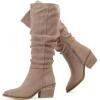 imageWomens Knee High Boots Wide Calf Chunky Block Low Heel and Slouchy Pointed Toe Winter Long Boots for WomenBeige Mf 961
